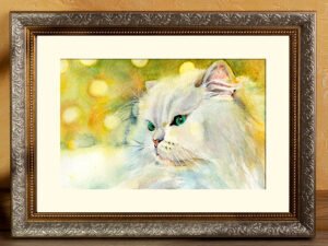 A framed painting depicting a serene white cat, showcasing its elegant features and soft fur in a tranquil setting