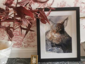 Framed Maine Coon Cat painting and small framed photo of a baby placed on a marble surface near a potted plant with reddish leaves.